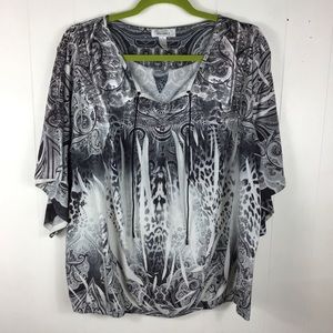 Dressbarn Boho Print Elastic Hem Top Size 1X